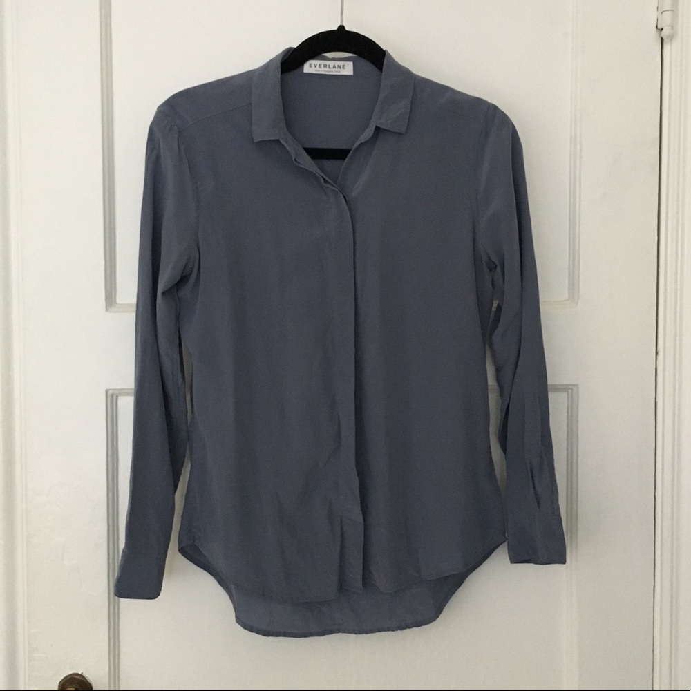Everlane dusty blue silk button down shirt blouse